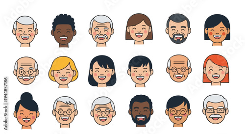 Diverse group of smiling people faces icon set. Vector illustration of multiethnic and multi-generational happy characters.
