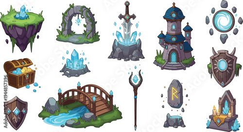Fantasy game vector asset collection featuring magical crystal floating island medieval tower sword in stone and mystical runes isolated on white background.
