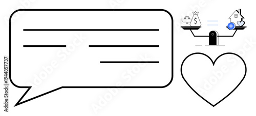 Decision-making concept. Balancing financial goals, health, and love emphasizing communication. Decision-making impacts personal values, life goals, and relationships. For finance, wellness