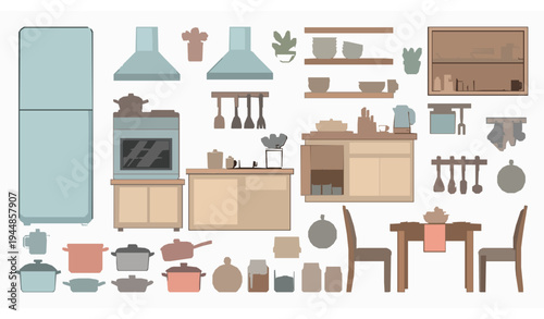 Cute Kitchen Dining Elements Vector Set with Fridge Oven Shelves and Cooking Furniture