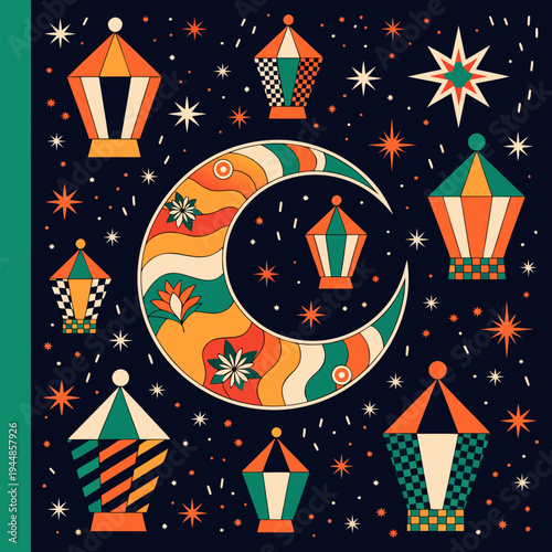 Vibrant crescent moon and lanterns in starry night sky ramadan celebration background