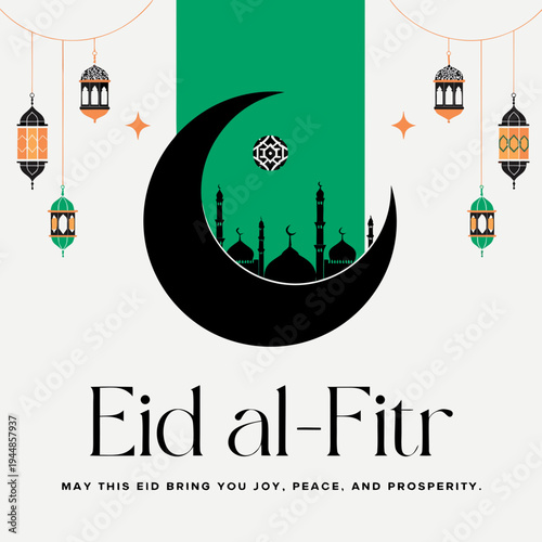 Eid al fitr celebration with crescent moon and lanterns on green background