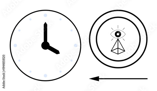 Time concept. A clock the passage of time, paired with an eye and pyramid surveillance. The directional arrow indicates movement. For time management, monitoring, and direction-related projects