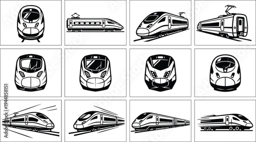 Stylized black and white illustrations of modern high‑speed trains in multiple perspectives, showcasing aerodynamic design, motion, and advanced transportation technology for artwork or design themes.