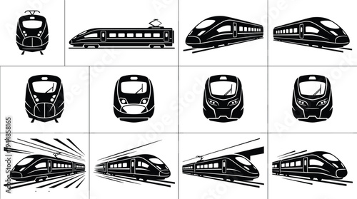 Stylized black and white illustrations of modern high‑speed trains in multiple perspectives, showcasing sleek aerodynamic design, motion, and advanced rail technology for transport themes.