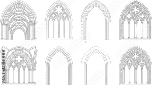 Line drawings of Gothic arches and windows with tracery, ribbed vaults, and ornate motifs, ideal for architectural history, design, or restoration themes.