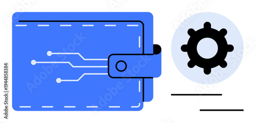 Blue wallet with circuit lines and button clasp next to a gear. Ideal for fintech, digital payments, e-commerce, innovation, blockchain, automation, and development. Simple flat metaphor