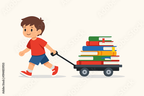 Happy young schoolboy pulling a small black wagon loaded with a tall stack of colorful hardcover books. Educational concept for library, back to school, literacy, and childhood learning vector.