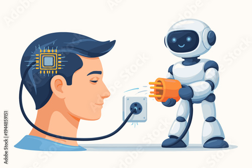 Futuristic vector illustration of a friendly robot connecting a human head with a microchip brain implant to an electrical power outlet, symbolizing artificial intelligence and cyborg technology.