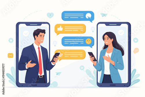 Business man and woman communicating online via smartphone app. Professional networking and digital chat concept with speech bubbles and social media icons. Flat vector illustration design.