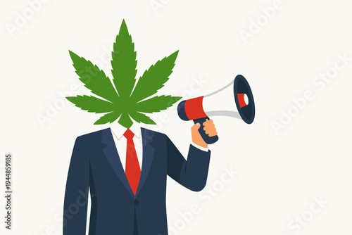 Professional businessman in a suit with a green marijuana leaf head holding a megaphone to announce cannabis industry news, legal weed business growth, and medical marijuana market trends.