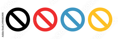 Colorful prohibition signs with diagonal line through circle  various colors