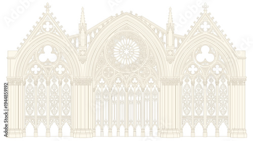 Detailed Gothic cathedral facade drawing with pointed arches, rose windows, tracery, columns, and ornate carvings, ideal for medieval architecture, design, or restoration themes.