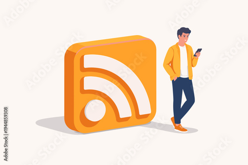 Vector illustration of a young man standing next to a large 3D RSS feed icon while using his smartphone. Simple flat design representing digital news subscription, blog updates, and content.