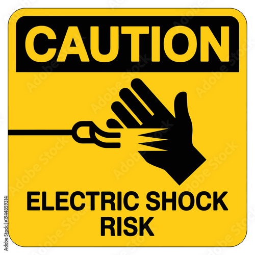 Caution electric shock risk warning sign with hand and plug  safety symbol