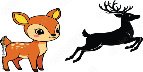 Set of Cute Fawn Deer with Antlers and Silhouette Running Deer for Wildlife and Nature-Themed Designs