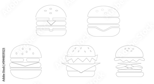 Five different burger illustrations showcase various styles and toppings