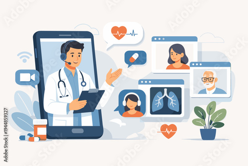 Professional doctor consulting patients online via smartphone app. Telemedicine vector illustration featuring video calls, digital health monitoring, heart rate, lung X-ray, and remote healthcare.