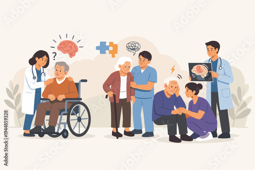 Medical Team Assisting Senior Patients with Dementia and Brain Damage; Doctors and Nurses Providing Care and Support for Elderly People with Alzheimer's Disease in Flat Vector Illustration Style.