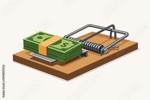 Flat Vector Illustration of a Mousetrap with a Stack of Dollar Bills as Bait, Representing Financial Risk, Debt Traps, Scams, and Greed, Simple Isometric Design for Business and Finance Concepts