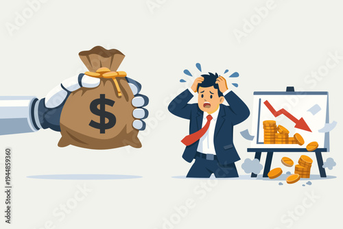 Robotic hand holding a money bag next to a worried businessman and a declining profit graph, symbolizing the impact of AI automation on jobs, financial crisis, and technological economic disruption.