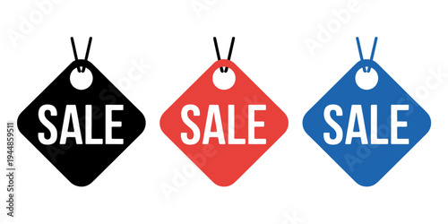Sale tags in black red and blue on white background
