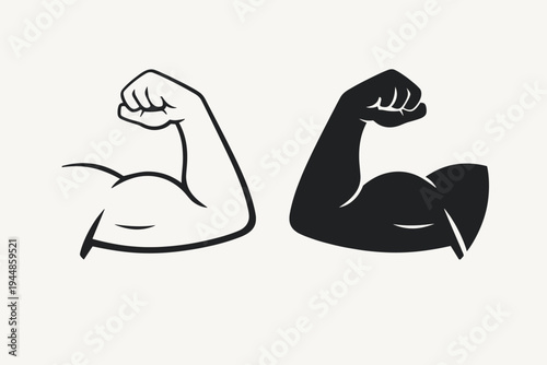 Strong muscular arm flexing biceps icon set with outline and silhouette versions, perfect for fitness, bodybuilding, gym logos, power, strength, health, and athletic workout design concepts.