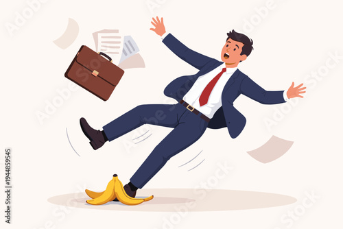 Businessman in a Blue Suit Slipping on a Banana Peel with Briefcase and Documents Flying in the Air, Concept of Unexpected Business Risk, Failure, and Professional Accident, Flat Vector Design