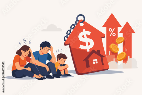 Family Struggling with High Mortgage Costs and Rising Interest Rates, Flat Vector Illustration of Stressed Parents and Child Sitting Near Large House Price Tag and Increasing Financial Arrows.