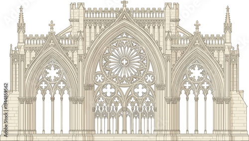 Architectural drawing of Gothic cathedral facade with pointed arches, rose window, tracery, spires, and pinnacles, ideal for medieval architecture, design, or restoration themes.