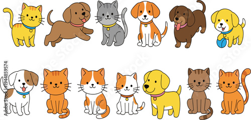 Set of Cute Pets – Cats and Dogs with Collars in Various Poses Vector Art