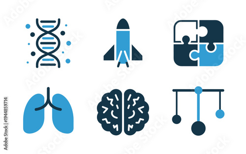 Medical and technology icons including DNA brain lungs and rocket ship symbols