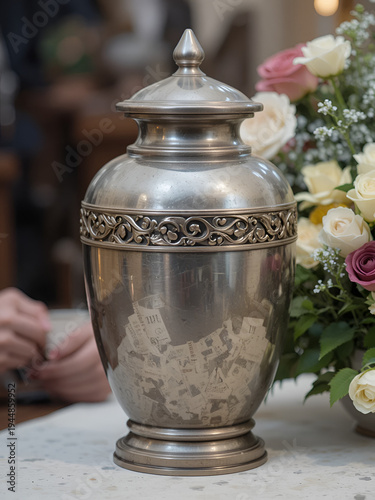 A dignified urn made of metal holding ashes at a respectful memorial event