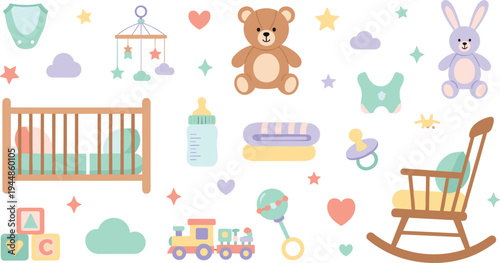 Baby Nursery Room Elements Vector Set Featuring Crib, Rocking Chair, Teddy Bear, Baby Bottle, Pacifier, Toy Train and Infant Care Items.
