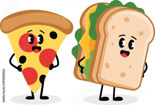 Cartoon pizza slice and sandwich characters with smiling faces, playful anthropomorphic food illustration for children, education