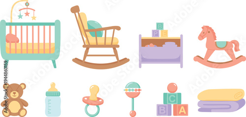 Baby Nursery Furniture and Toys Vector Set Featuring Crib, Rocking Chair, Rocking Horse, Teddy Bear, Baby Bottle, Pacifier and Alphabet Blocks.