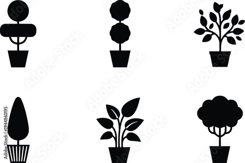 Collection of minimalist potted plant silhouettes isolated on white background, modern botanical icon set for home decor and design projects