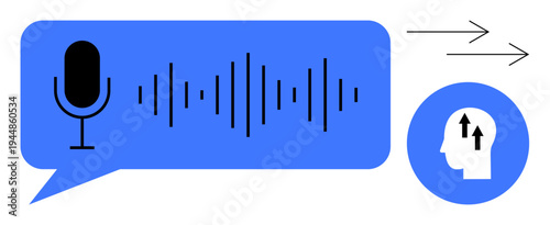 Voice recognition technology. microphone, soundwaves, and human head AI-driven voice processing. Voice recognition enhances communication, accessibility, and automation. For tech innovation, smart
