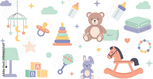 Cute Baby Nursery Toys and Accessories Vector Set Featuring Teddy Bear, Pacifier, Baby Bottle, Rocking Horse, Blocks, Rattle and Infant Care Items.