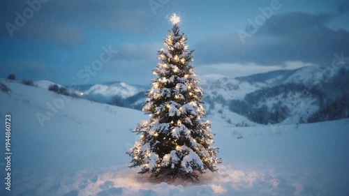 Snowy Christmas Tree Winter Landscape Scene.