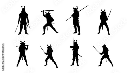 A collection of samurai silhouettes in various fighting poses with swords
