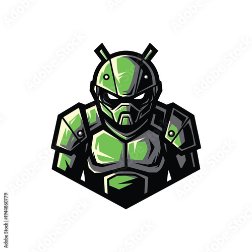 Green robot wearing armor suit.