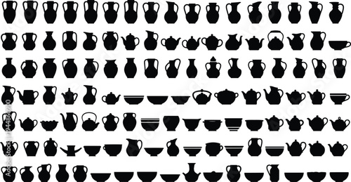 Large Collection of Ancient Pottery Silhouettes Including Antique Vases Greek Amphoras Ceramic Pitchers Clay Bowls and Ornate Decorative Teapots Isolated