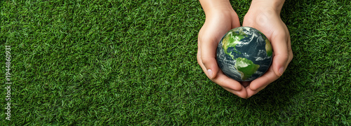 Bare hands tenderly hold a miniature Earth globe, symbolizing human connection and urgent environmental protection on green grass.