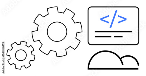 Technology, programming, automation, cloud storage, software engineering, coding systems. Gears alongside coding symbols and a cloud suggest integration. Software engineering and cloud storage