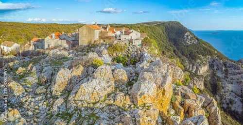 Canvastavla Lubenice, Cres Island, Croatia: Coastal village on rocky cliff overlooking the s