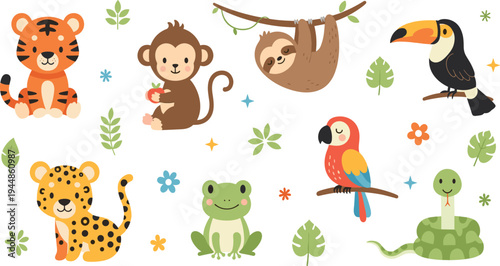 Cute Jungle Animals Cartoon Vector Set Featuring Tiger, Monkey, Sloth, Toucan, Leopard, Frog, Parrot and Snake Characters.