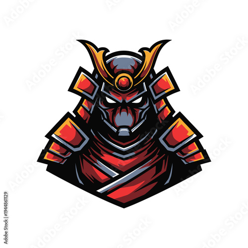 Cartoon samurai warrior head in armor.