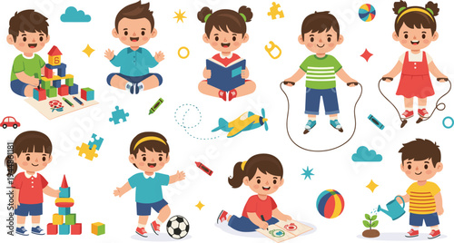 Happy Kids Activities Cartoon Vector Set Featuring Children Playing with Toys, Blocks, Jump Rope, Ball, Airplane and Fun Childhood Learning.