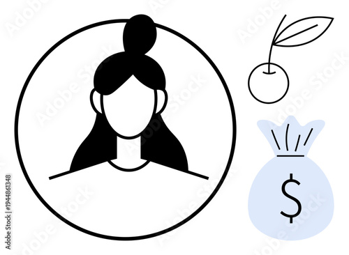 Finances, investments, nutrition, savings, minimalist design, personal identity. A female profile in a circle, a cherry and a money bag with a dollar sign. Finances and investments concept